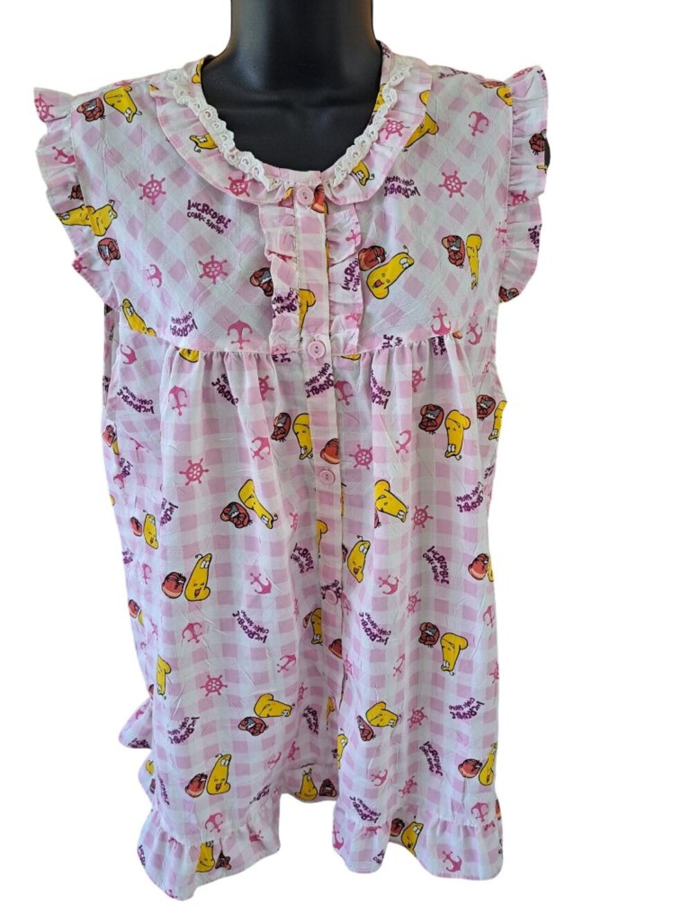 Larva Pink Sleeveless Women's Pajama Shirt Cartoon Theme Ruffled Sleeves Hem M